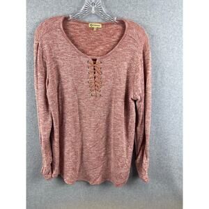 Democracy Top Women's L Heather Red 3/4 Sleeve Round Neck Tie Up